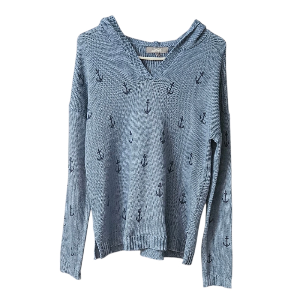 Marled Reunited Clothing Hooded Sweater Anchor Print Women's L Nautical Coastal